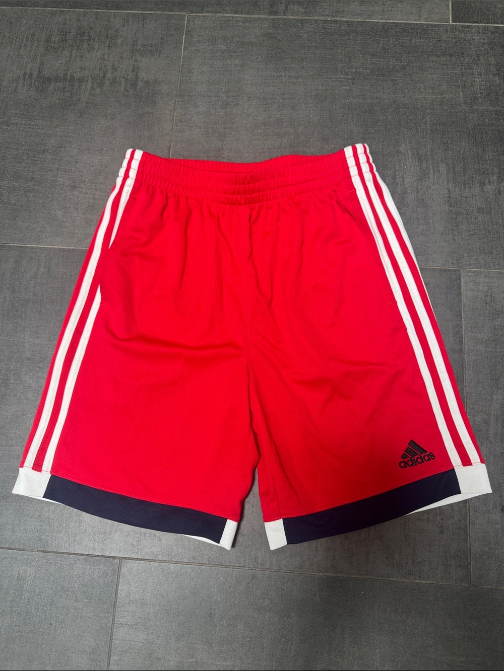 adidas boy’s Red Athletic Shorts with White Side Stripes and Blue Hem Accent